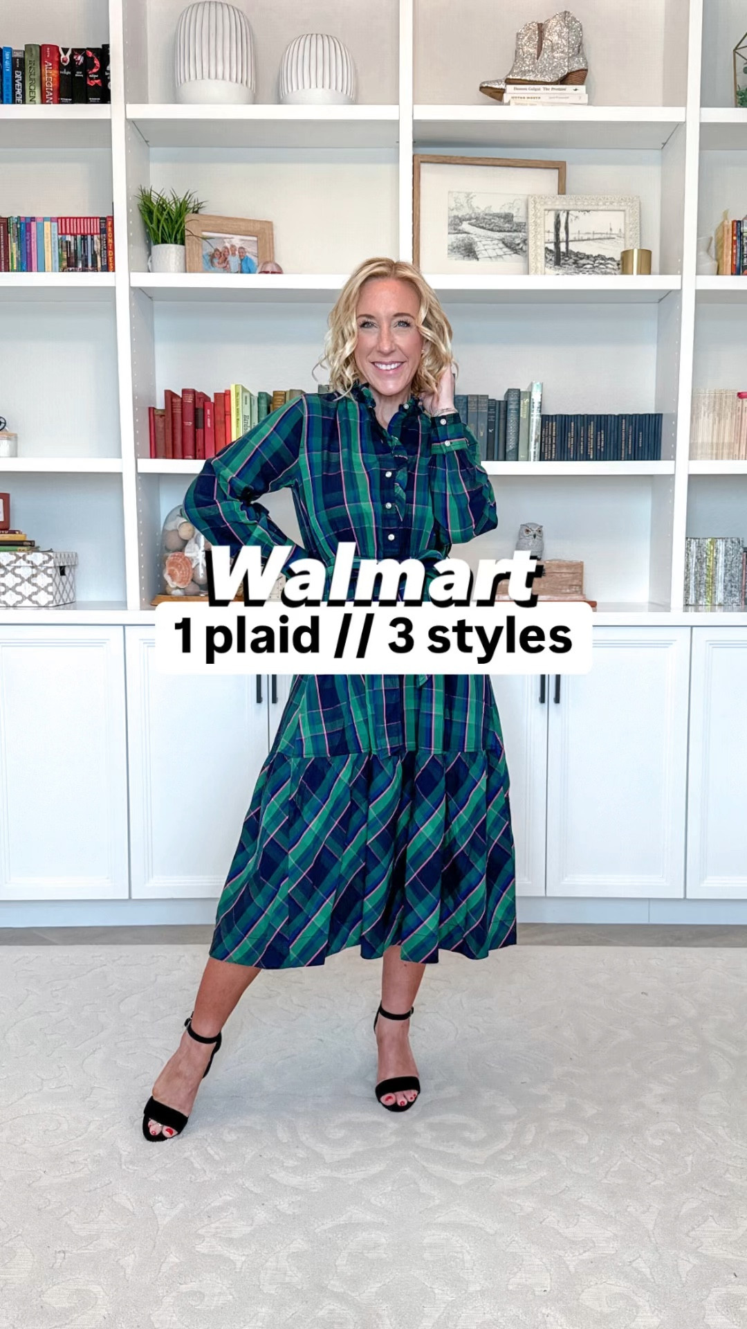 Walmart festive plaid in 3 styles:
1. A-line shirt dress - size XS. Has pockets & a smocked waist. $32.
2. Midi dress - size XS. Ruffles at the neck & buttons, tie bow belt, pockets, and fun pattern play at the bottom. $36.
3. Midi skirt - size XS. Drop waist, pockets, side zipper with elastic at the back, and matching plaid belt. $26.
• black long sleeve lightweight sweater - size small. 
• white tank - size small.
• jean jacket - mine is old, but I’m linking another option. 
• black heels - linking a similar option. 
** dress from beginning - size XS  
** also linking another dress in the same pattern.

#LTKSeasonal #LTKVideo #LTKHoliday