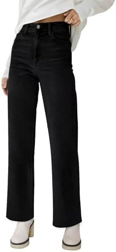 KDF Straight Leg Jeans for Women High Waisted Jeans Frayed Baggy Pants Raw Hem Loose Stretchy Cro... | Amazon (US)