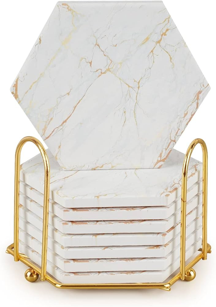 Geichan Coasters for Drinks with Holder, Absorbent Marble Coasters Set of 8, Ceramic White and Go... | Amazon (US)