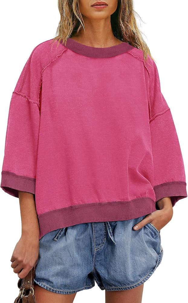 Yanekop Womens Crewneck Short Sleeve Sweatshirt 3/4 Sleeve Tops Color Block Oversized Sweatshirt ... | Amazon (US)
