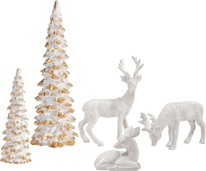 DN DECONATION Reindeer and Christmas Tree Decoration Set of 5 – Xmas Deer Figurines and Tree St... | Amazon (US)