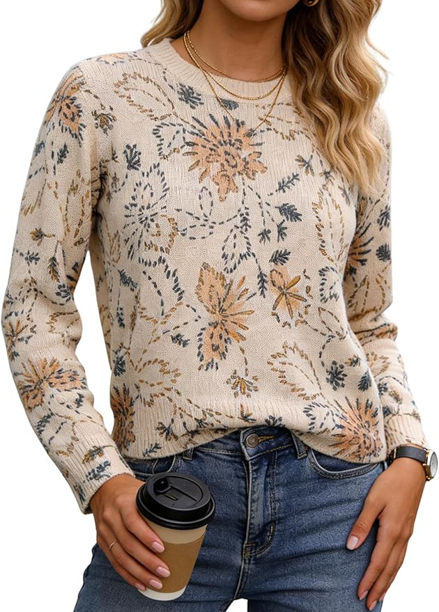 Women's Floral Print Sweater Crew Neck Long Sleeve Soft Knit Pullover Tops for 2026 Spring Casual... | Amazon (US)