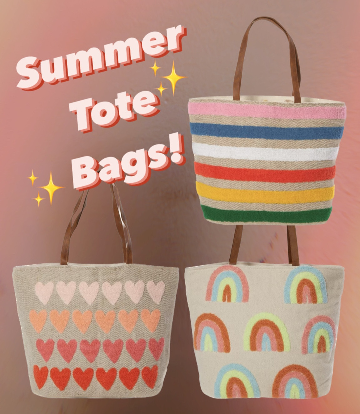 How adorable are these new summer tote bags! These woven bags at 19 inches and perfect for carrying beach necessities! I think the heart print is my favorite!

#LTKswim #LTKitbag #LTKunder50