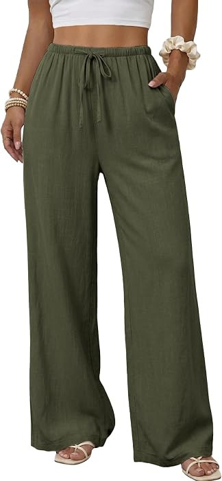 Duyang Womens Cotton Linen Palazzo Pants Drawstring Elastic Waist Casual Wide Leg Trousers with P... | Amazon (US)