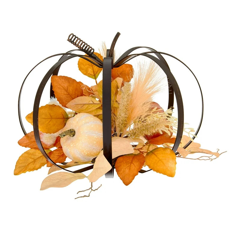 Metal Pumpkin with Fall Foliage Tabletop Decor, Orange & Cream, 10.5", Fall by Way To Celebrate | Walmart (US)