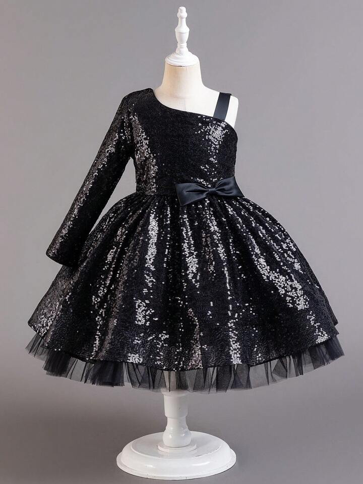 Tween Girl Asymmetrical Neck Bow Front Sequin Party Dress | SHEIN