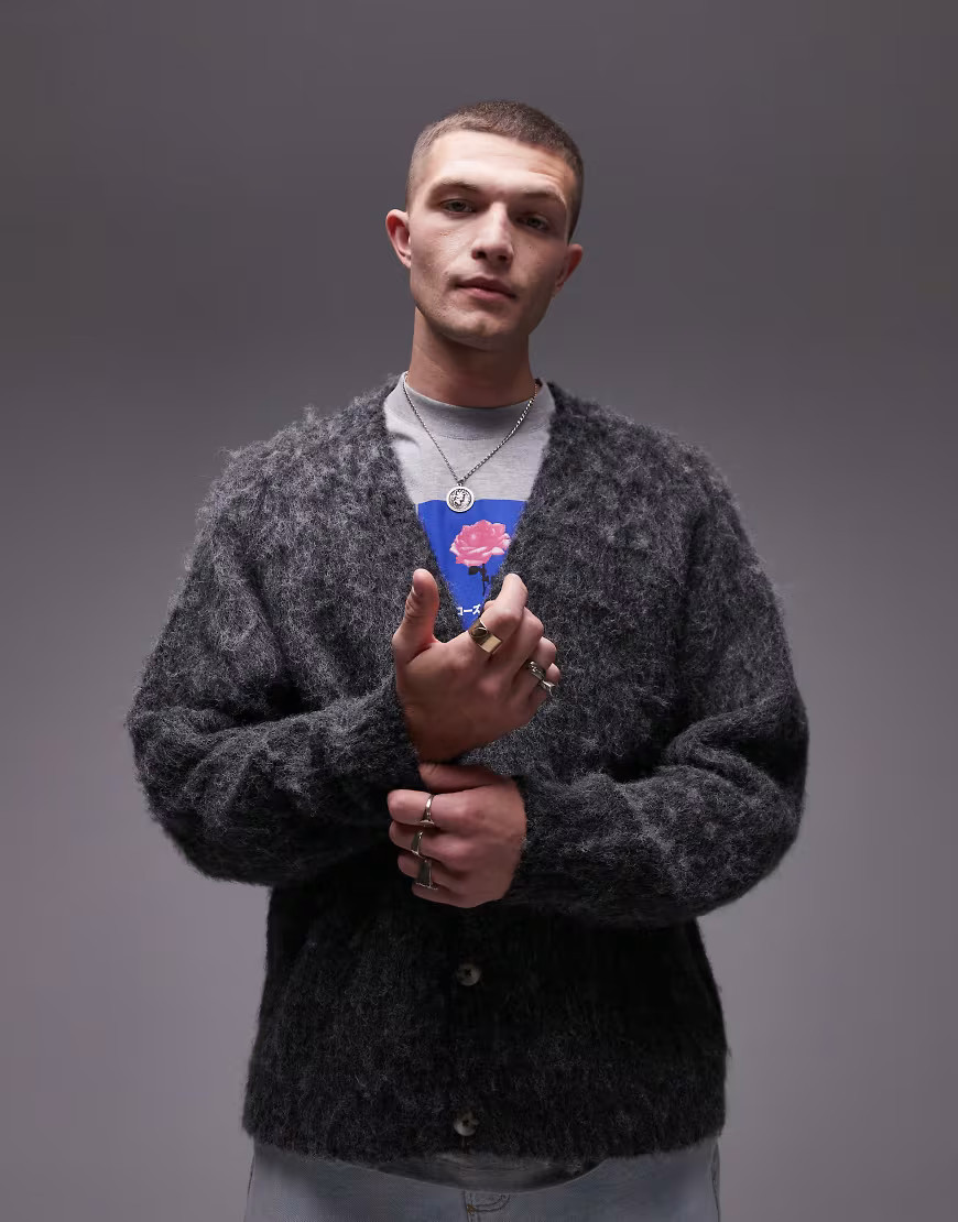 Topman relaxed fit fluffy cardigan in gray texture-Multi | ASOS (Global)
