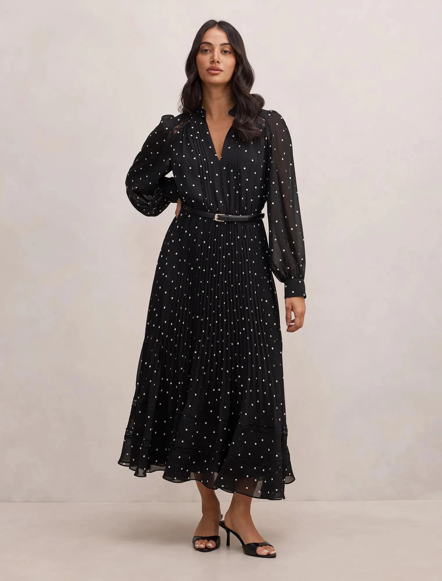 Clara Pleated Lace Trim Midi Dress Dark Risley Spot | Ever New (CA)