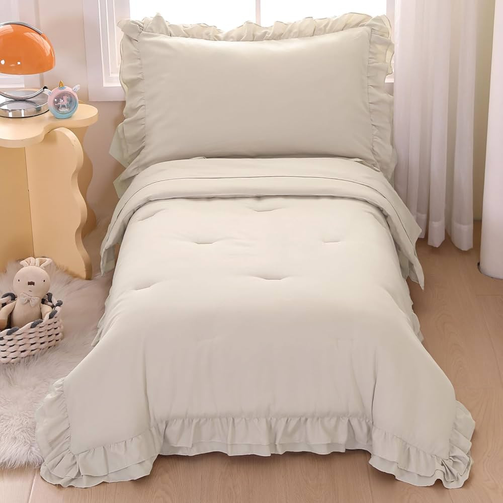 Wowelife Toddler Comforter Set for Girls, Pale Beige Toddler Bedding Set, 4 Pieces Double Ruffles... | Amazon (US)