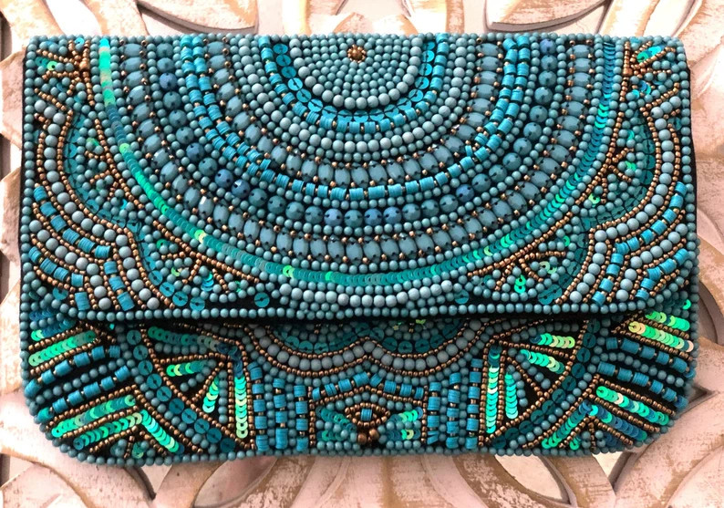 Handmade Turquoise Beaded Clutch: Silk Evening Bag With Golden Chain - Etsy | Etsy (US)
