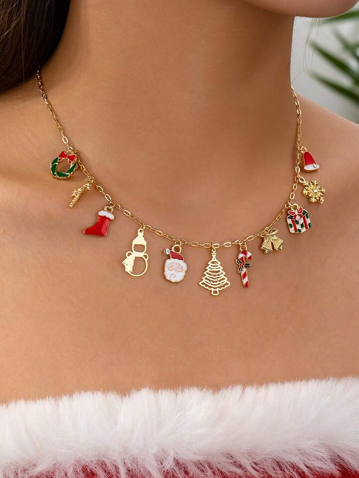 1 Pc Enameled Christmas Charm Necklace , Christmas Tree Snowman Snowflake Multi Charms Necklaces ... | SHEIN