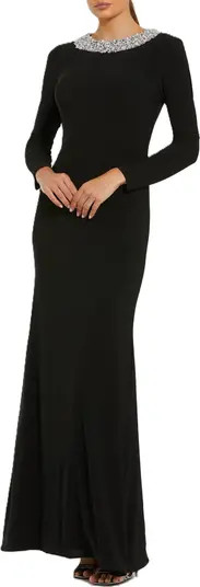 Jersey Long Sleeve Fitted Gown With Beaded Neck | Nordstrom