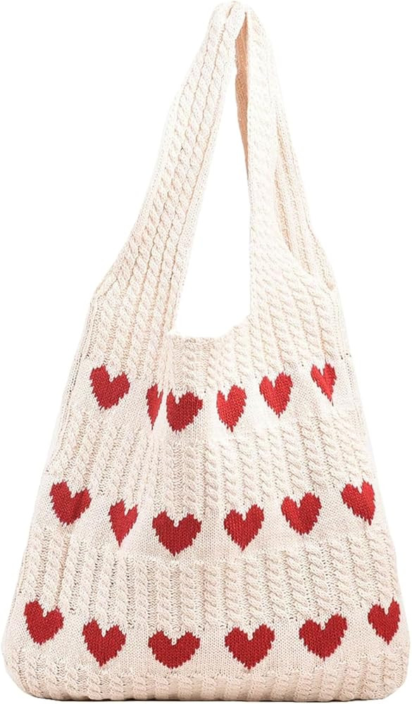 Floerns Women's Heart Pattern Tote Bag Crochet Aesthetic Tote Bag Summer Knitted Bag | Amazon (US)