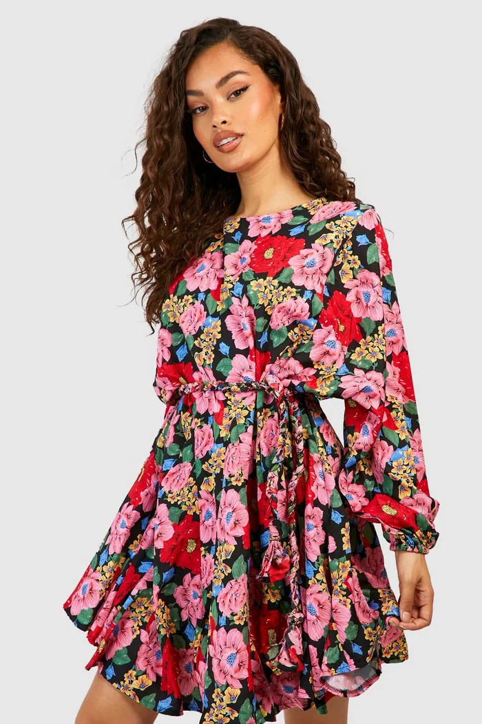 Floral Godet Detail Skater Dress | Boohoo.com (US & CA)