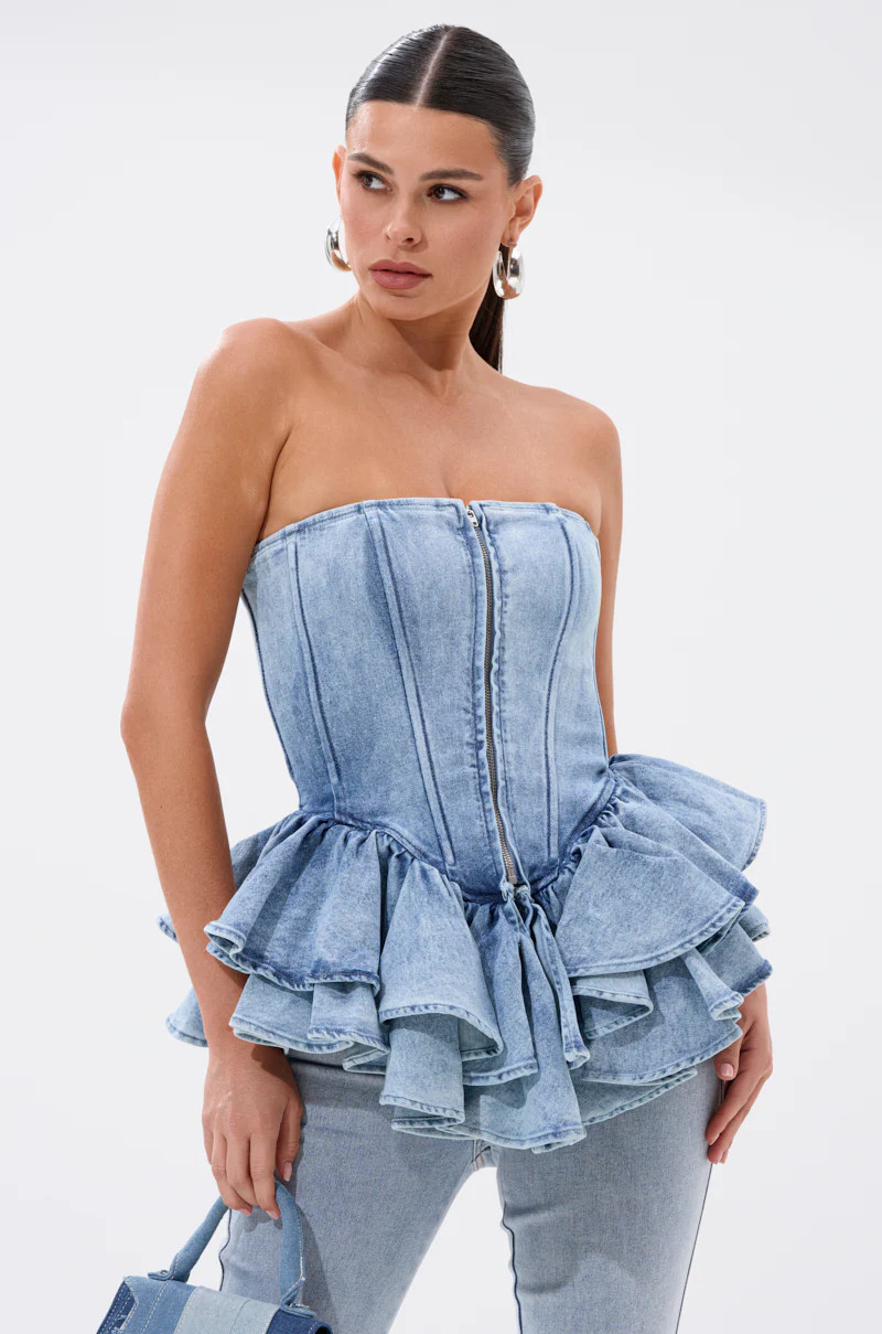 EVA DENIM PEPLUM CORSET TOP | AKIRA