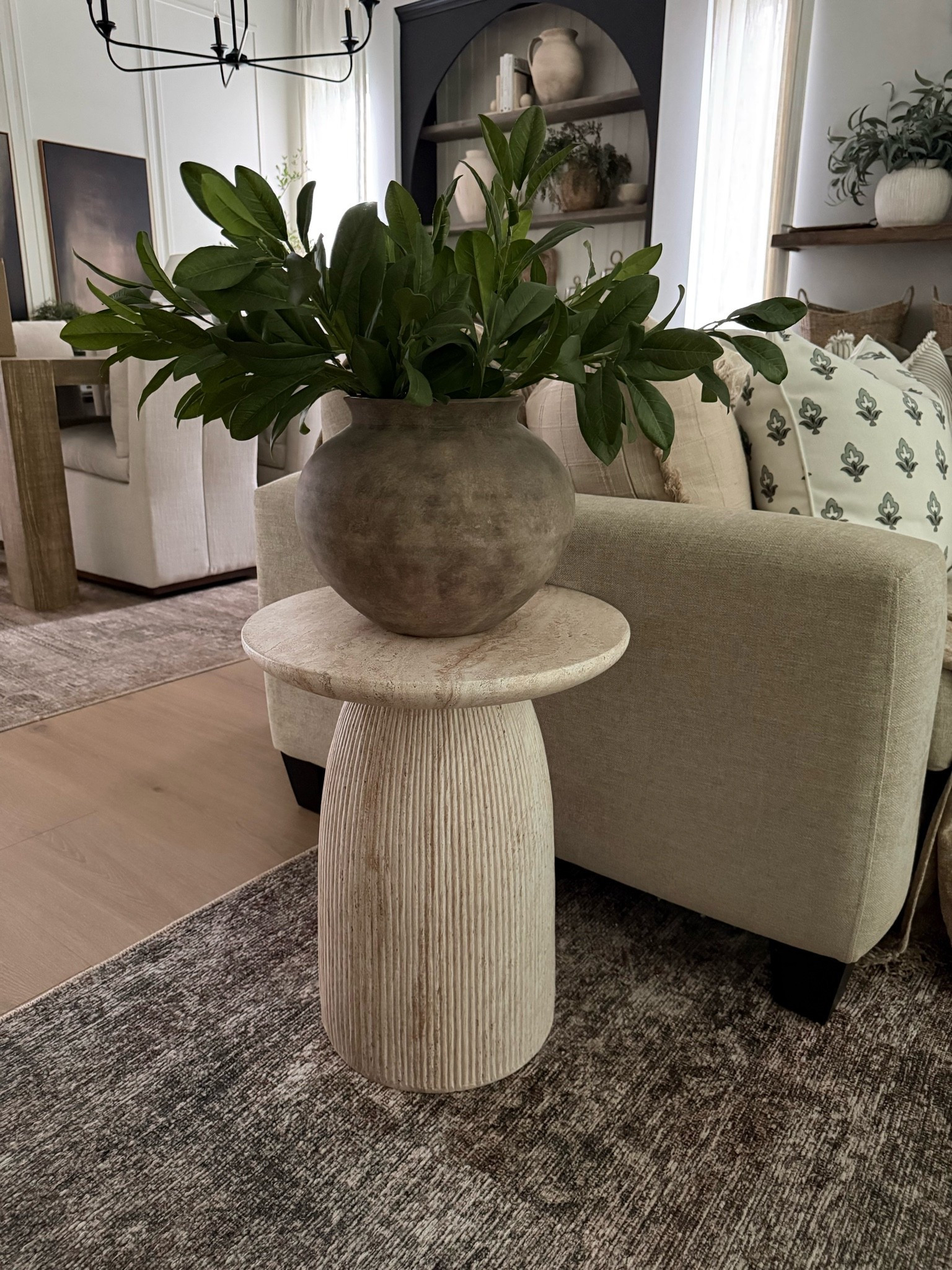 Organic Summer. This travertine accent table has the most beautiful texture. Looks so high-end but is very affordable.
Living room inspiration