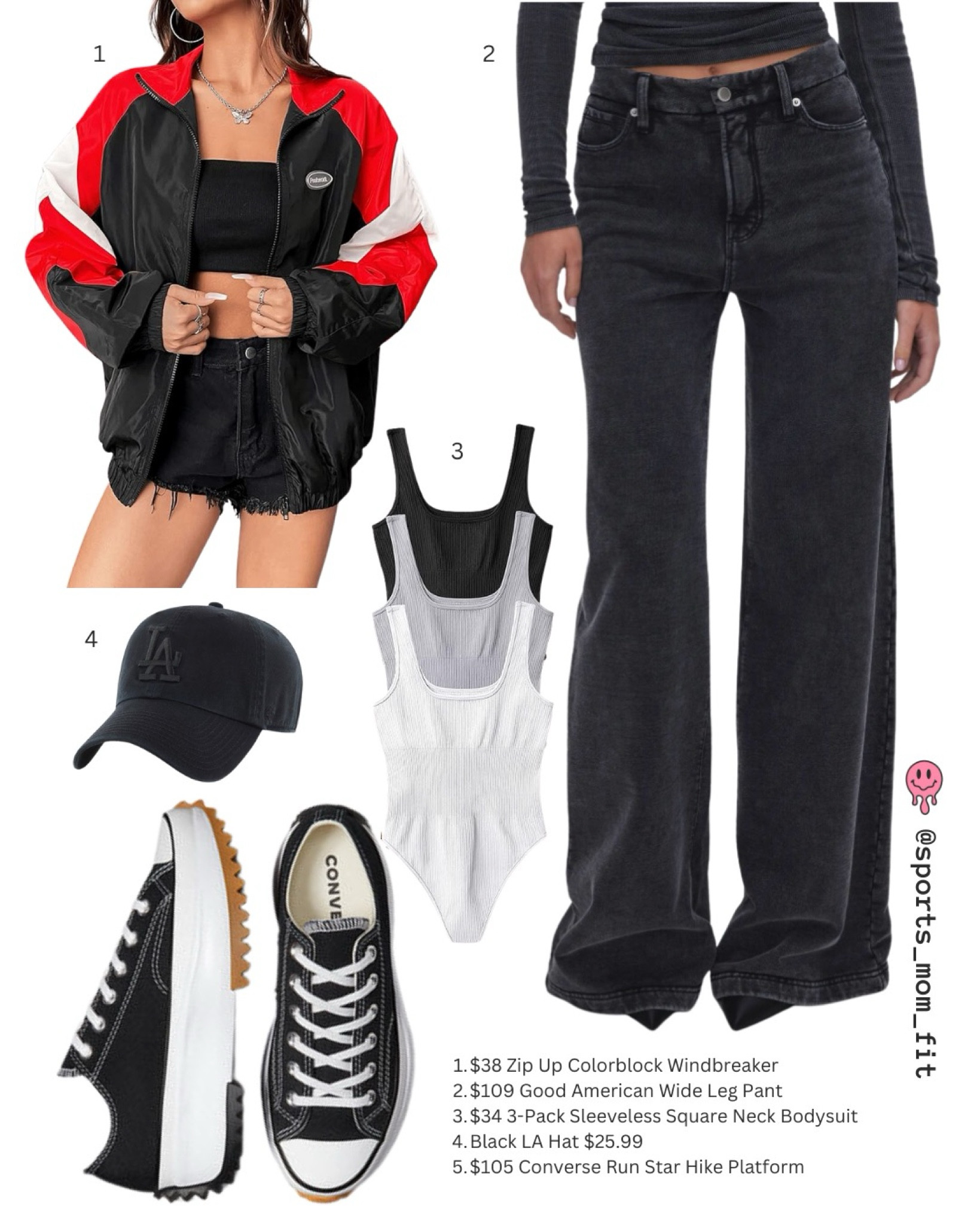 Wide leg dark denim 🔥🔥 and the cutest red and black windbreaker. #sportsmom 

#LTKfindsunder100 #LTKshoecrush #LTKfindsunder50