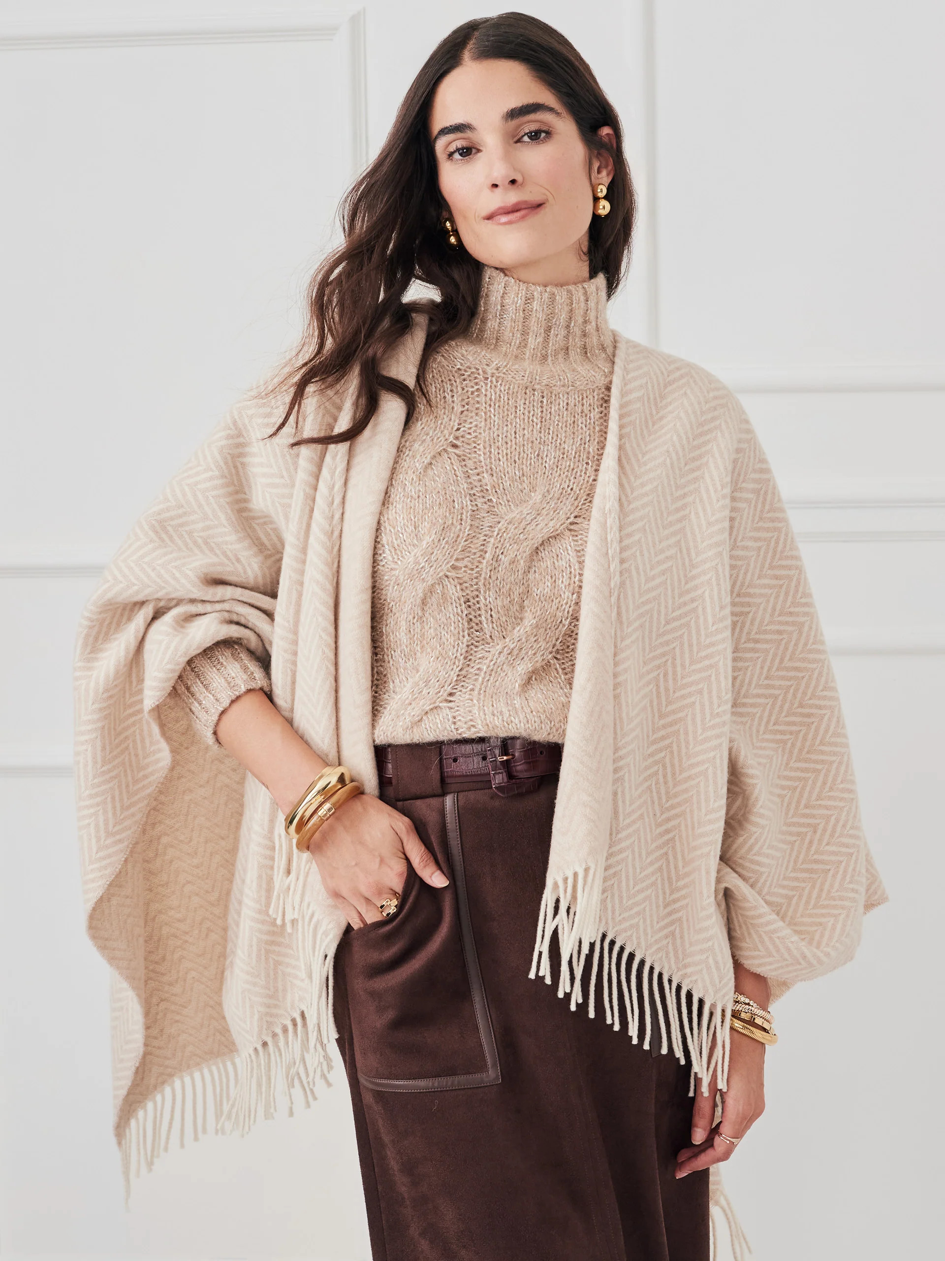 J.McLaughlin Women's Venus Wrap in Herringbone Beige/Off White | Cashmere/Wool | J.McLaughlin