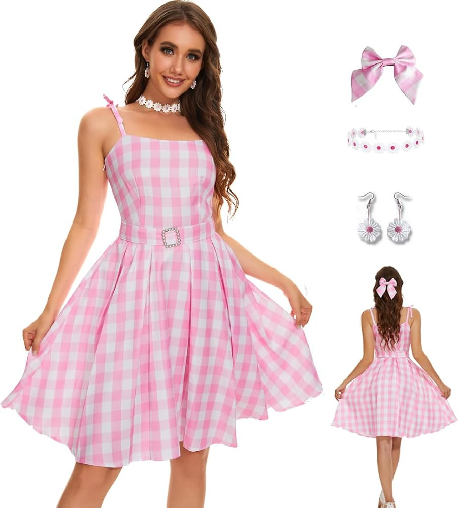 AYYOHON Women Pink Plaid Dress Skirt Hair Bow Daisy Necklace Earrings Set Halloween 2023 Cosplay ... | Amazon (UK)