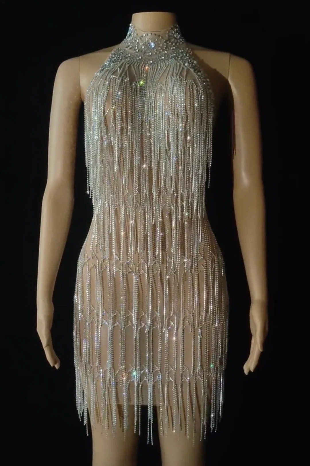 Rhinestone Fringe Halter Nude Mini Dress - Etsy | Etsy (US)