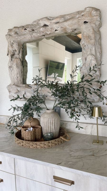 Driftwood mirror and outdoor decor 