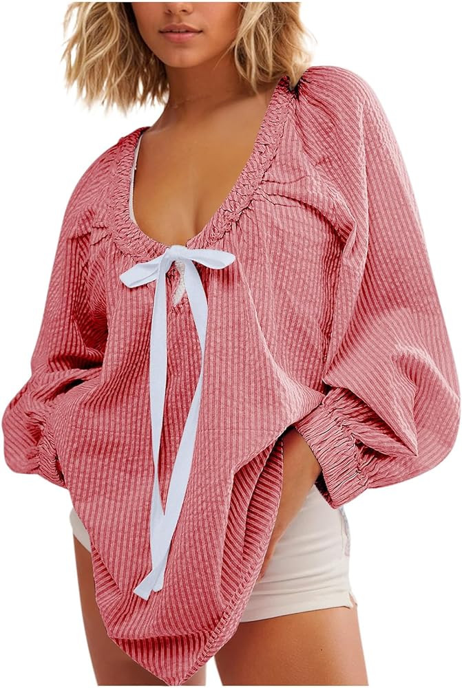 Generic Striped Dressy Blouses for Women, 2024 Summer Scoop Neck Bow Tie Front Shirts, Long Sleev... | Amazon (US)