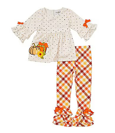 Rare Editions Little Girls Long-Sleeve Foiled-Dot Pumpkin-Appliqued Jersey Top Plaid Jersey Leggings Set - 3T | Dillard's