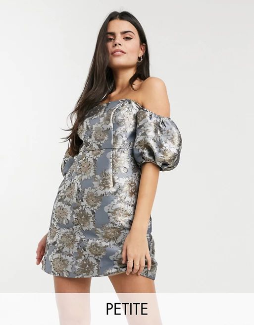 Chi Chi London Petite puff sleeve structured mini dress in gray tonal print | ASOS (Global)