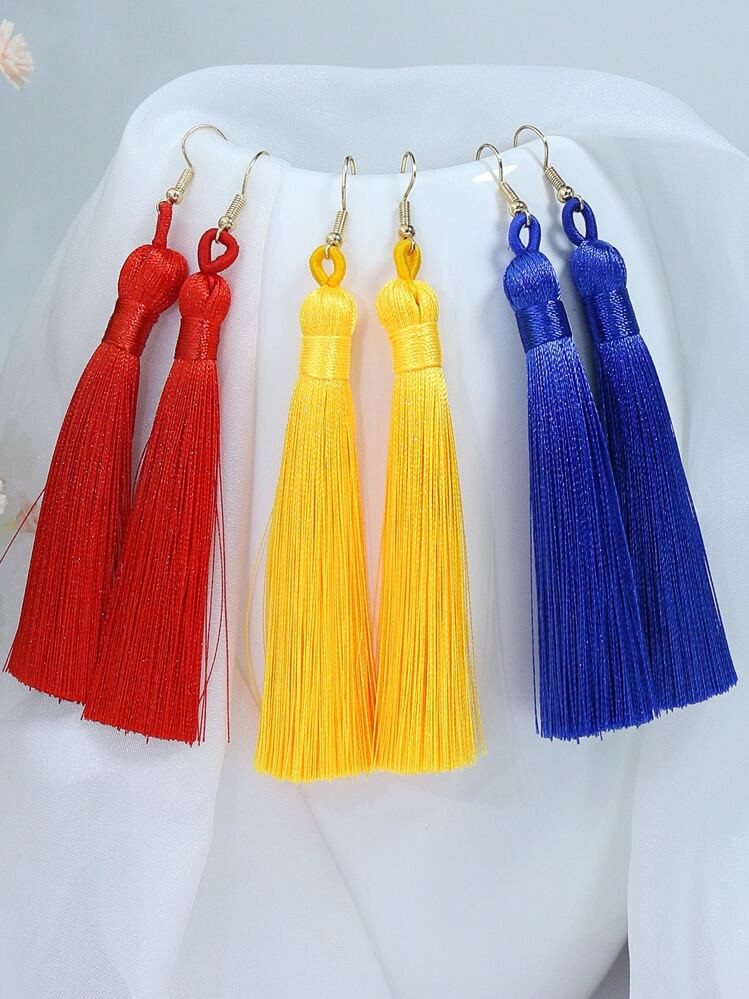 TopHanqi 3pairs Bohemian Vacation Style Red-Yellow-Blue Tassel Combination Women's Earrings Set For Daily Life, Work, Travel, Street Snap, Performance Wearing | SHEIN