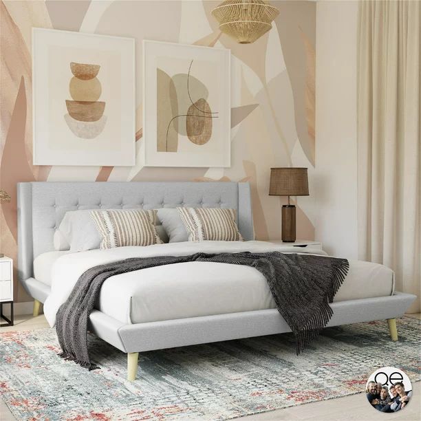 Queer Eye Farnsworth Upholstered Bed with Low Profile Platform Frame, King, Light Gray Linen | Walmart (US)