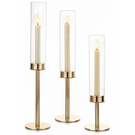 TOPCHANCES Glass Hurricane Candle Holders for Taper Candles, Set of 3 Tall Taper Candlestick Holder for Christmas Mantel Fireplace, Wedding Table Centerpiece (Gold) | Walmart (US)