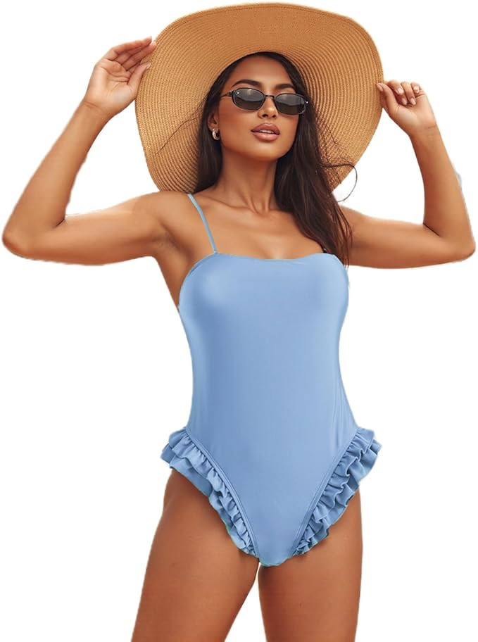 Mxiqqpltky One Piece Womens Swimsuits Y2k Ruffle Bathing Suit Spaghetti Strap Square Neck Tummy C... | Amazon (US)