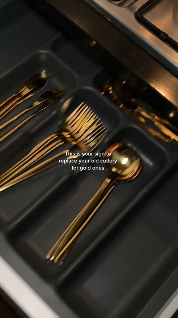 Gold cutlery, golden spoon, fork, knives, dark brown wooden spoon, home aesthetic, asmr organized 

#LTKhome #LTKunder50 #LTKFind