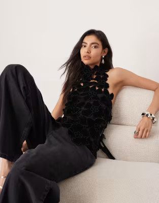ASOS EDITION embroidered velvet quilted cut work halterneck high neck top in black | ASOS (Global)