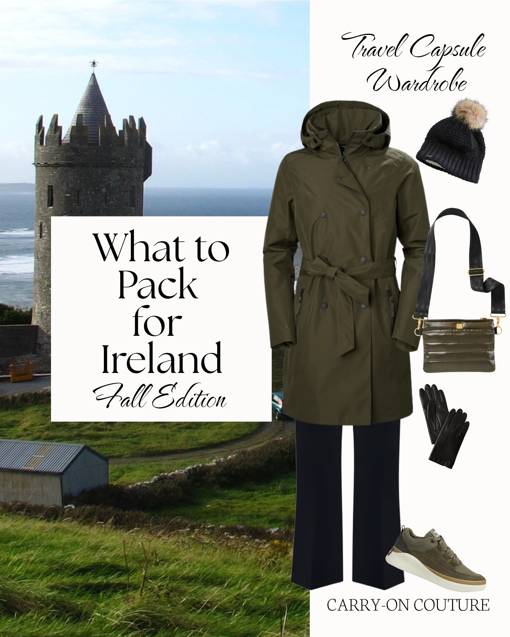 What to Pack for Ireland in October

Green countryside, stone castles, and cozy evenings in the pub…this 15-piece capsule was created with Ireland’s damp and breezy fall weather in mind.

Expect daytime highs in the 50s°F, nights in the 40s°F, and plenty of passing showers — so I focused on waterproof outerwear, straight-ankle pants to avoid wet hems, warm knit tops that work from Dublin’s city streets to windswept cliffs.  Here’s your packing list for Ireland in October:
➡️ 5 Tops
➡️ 3 Bottoms
➡️ 2 Outer Layers: a waterproof hooded raincoat + a warm plaid jacket for polish and warmth
➡️ 2 Shoes: waterproof ankle boots and waterproof sneakers 
➡️ Accessories: wool tights, 2 scarves, a beanie, lightly lined gloves, and a windproof umbrella

Every piece mixes and matches into 15+ outfits — and the best part, it all fits in your carry-on.

⭐️ My travel capsules are crafted with care from research, personal travel experience, and my own style preferences. I try to get it right every time — but I can’t always predict surprise cold fronts or your exact itinerary. Take what works, leave what doesn’t, and make it your own. These capsules are intended to be fun starting points, not packing gospel.

#LTKOver40 #LTKTravel