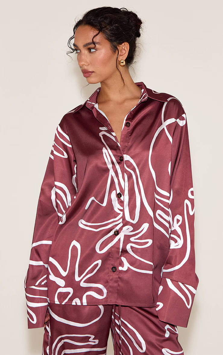 Brown Printed Oversized Satin Button Up Shirt | PrettyLittleThing US