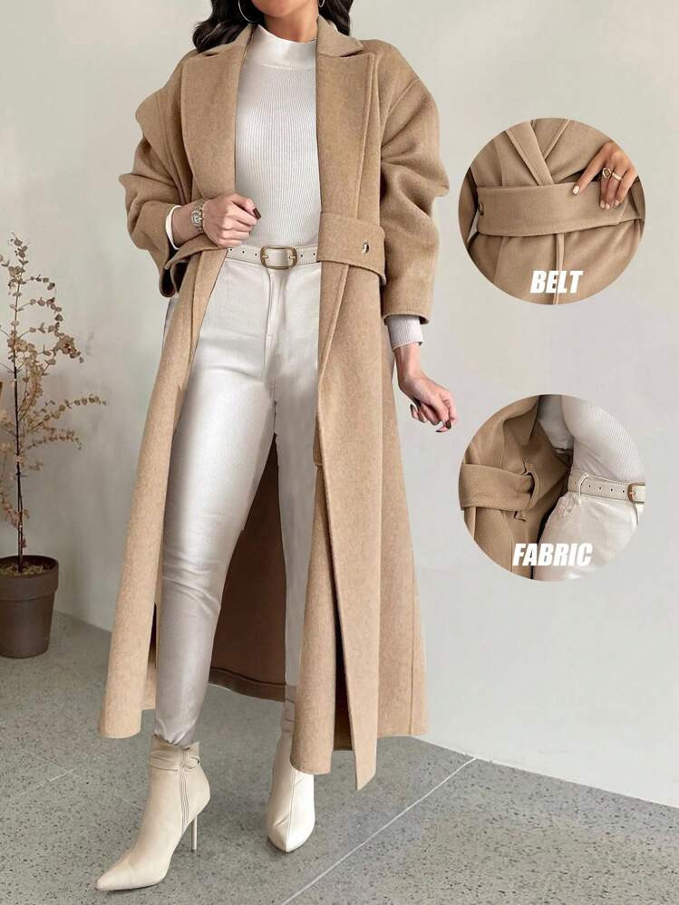 Calvaya Plus Size Casual Lapel Loose Coat With Belt, Autumn, For Winter | SHEIN