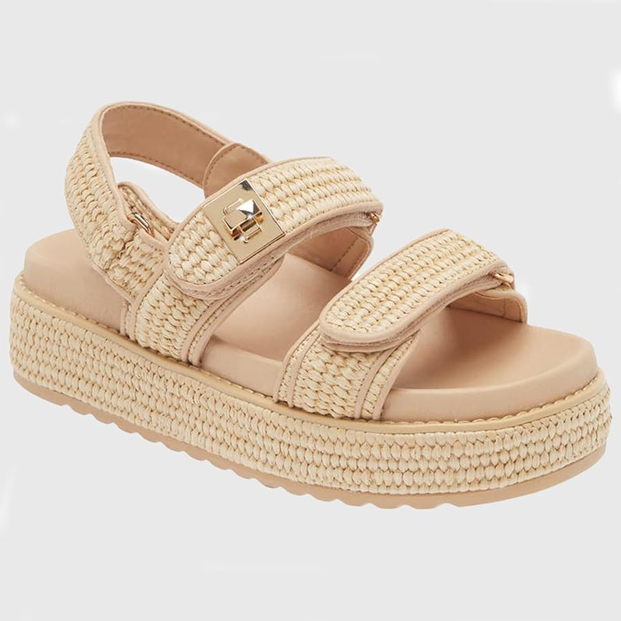 Molozoey Raffia Woven Slingback Platform Sandal,Comfortable Slide Sandals for Women with Double A... | Amazon (US)