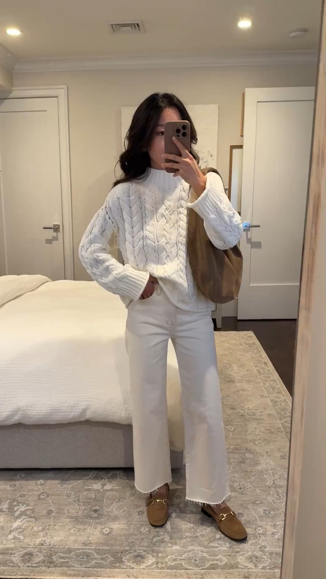 • Jcrew chunky boxy cut cotton sweater XXs I also love in navy or solid cream with no cable knit 

• Madewell jeans 25 Short perfect ecru color, touch of stretch for comfort

• mango loafers 5 comfy with no breaking in needed 

• etsy suede boho bag “biscotto” color. great quality, fyi takes some time to be handmade and shipped 

Spring outfit, white jeans, petite friendly

#LTKootd #LTKPetite #LTKSeasonal