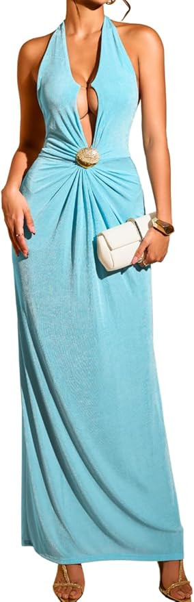 ChiaoLezhee Women's Sexy Backless Evening Gown - Elegant Deep V Halter Maxi Dress with Cinched Wa... | Amazon (US)