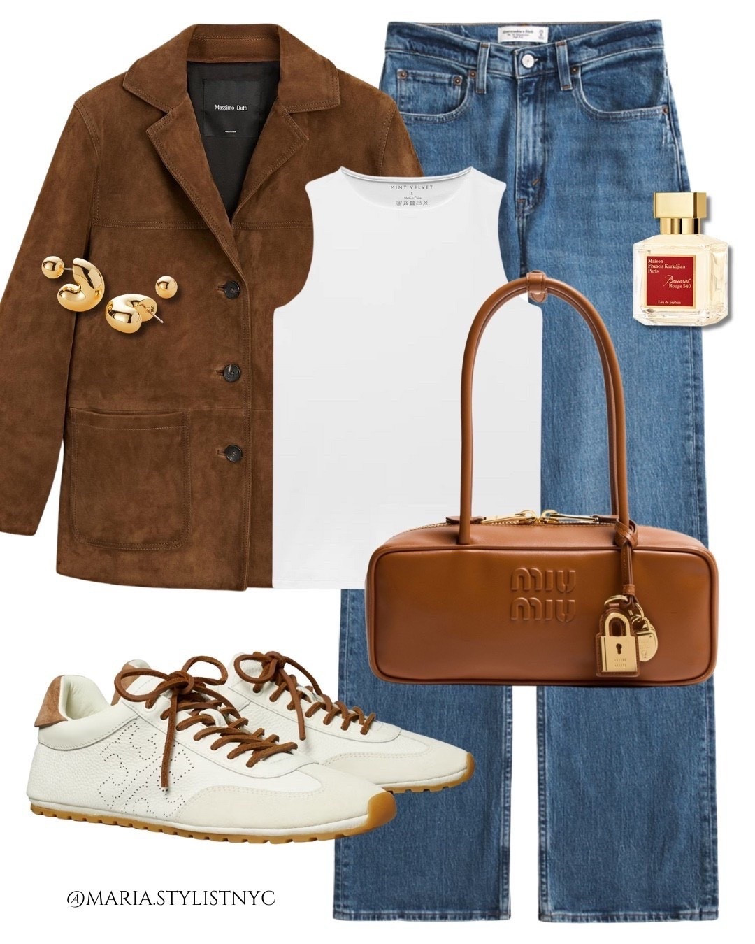 🤎 Casual Chic Look
• Jacket: Suede blazer/overshirt (Massimo Dutti)
• Top: White sleeveless top/tank 
• Bottoms: Wide-leg or straight-leg blue jeans
• Bag: Brown leather shoulder bag with logo and padlock (Miu Miu)
• Shoes: brown sneakers
• Accessories: Gold statement earrings, Baccarat Rouge 540 perfume

#LTKootd #LTKSeasonal #LTKSaleAlert