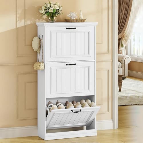 Hzuaneri Shoe Cabinet, Freestanding Wood Shoes Storage Organizer with Adjustable Shelves, Hidden Narrow Shoe Cabinet for Entryway Hallway, White, 9.4" D x 24.8" W x 53.3" H, 3 Drawer, SR60103X | Amazon (US)