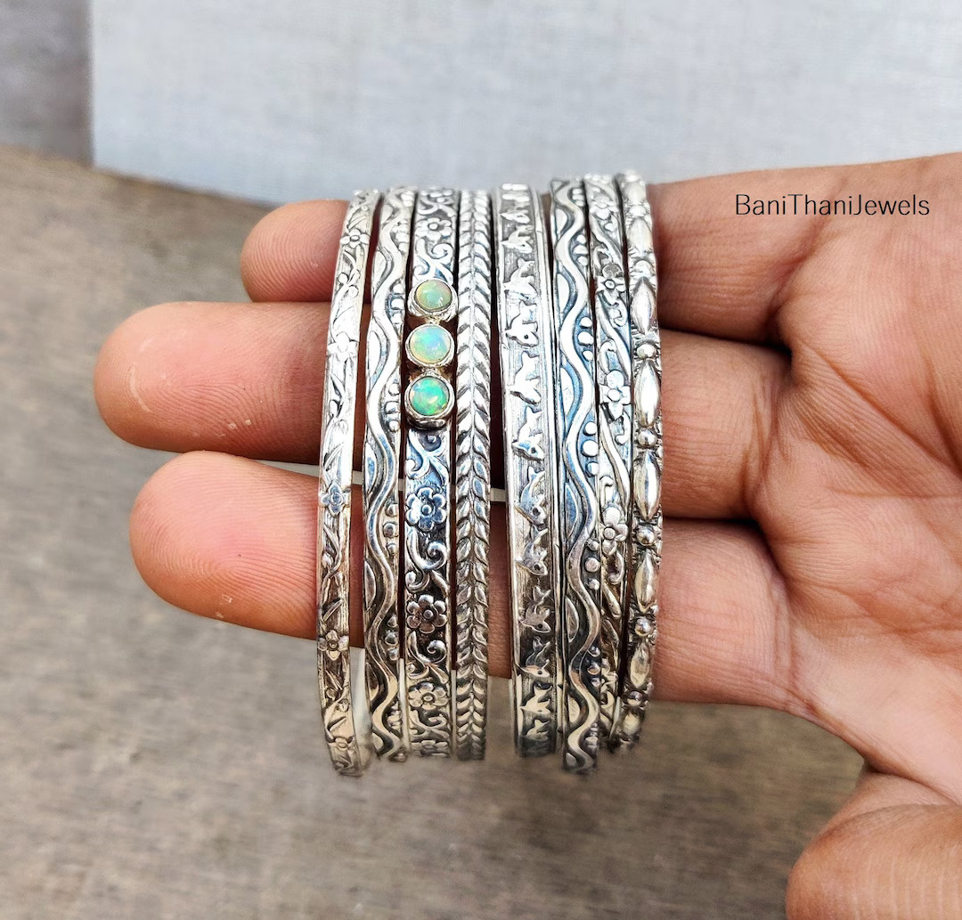 Silver Bangles, 7 Set of Bangles, Set of Bangles, Silver Bangle, Opal Bangle, Flower Bangle, Wome... | Etsy (US)