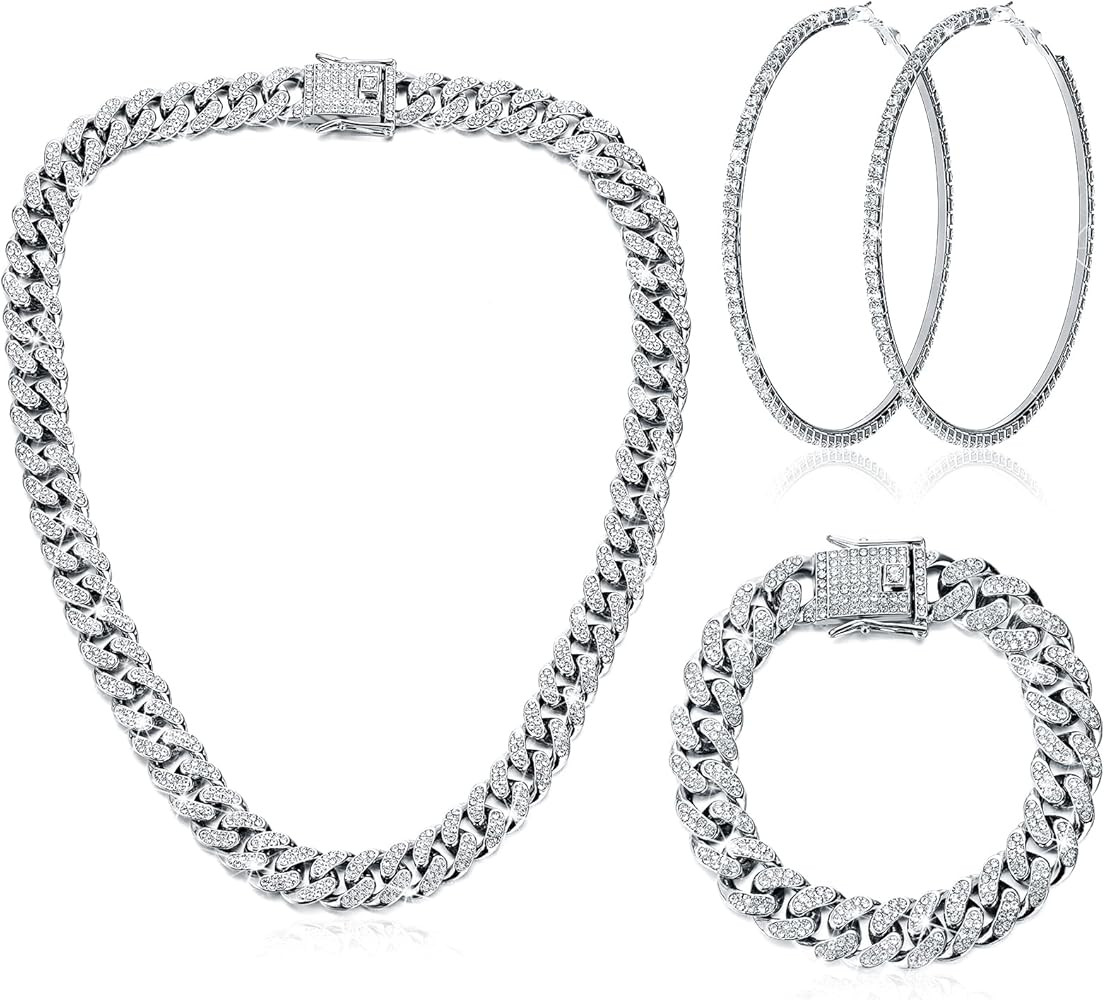 Batiyeer Cuban Link Chain Necklace Bracelet Rhinestone Earrings Bling Necklace Bracelet Crystal B... | Amazon (US)
