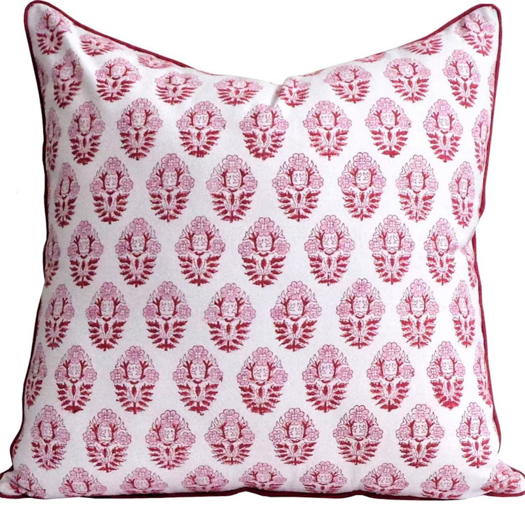 Block Print Pillow Cover, 20 Inch With Contrast Piping, Zipper, Same Print Both Sides, Cotton Blo... | Etsy (US)