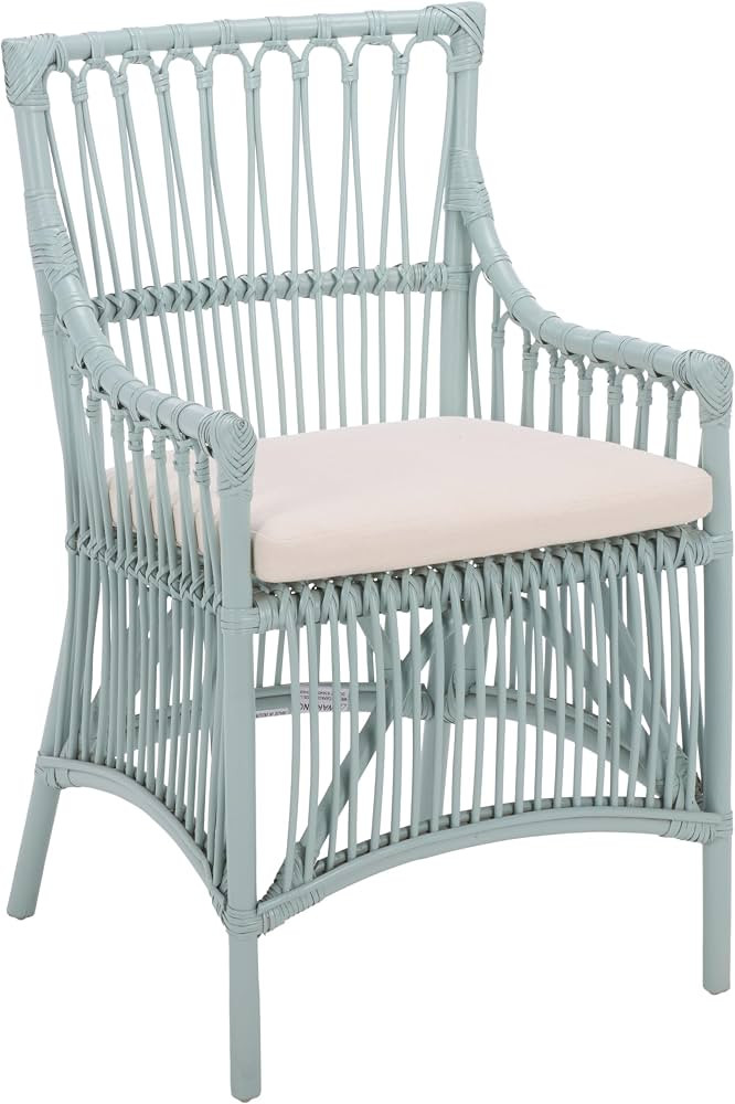 SAFAVIEH Furniture - Zorianna Dining Chair - Light Blue Rattan & White Cushion - Armchair Design ... | Amazon (US)