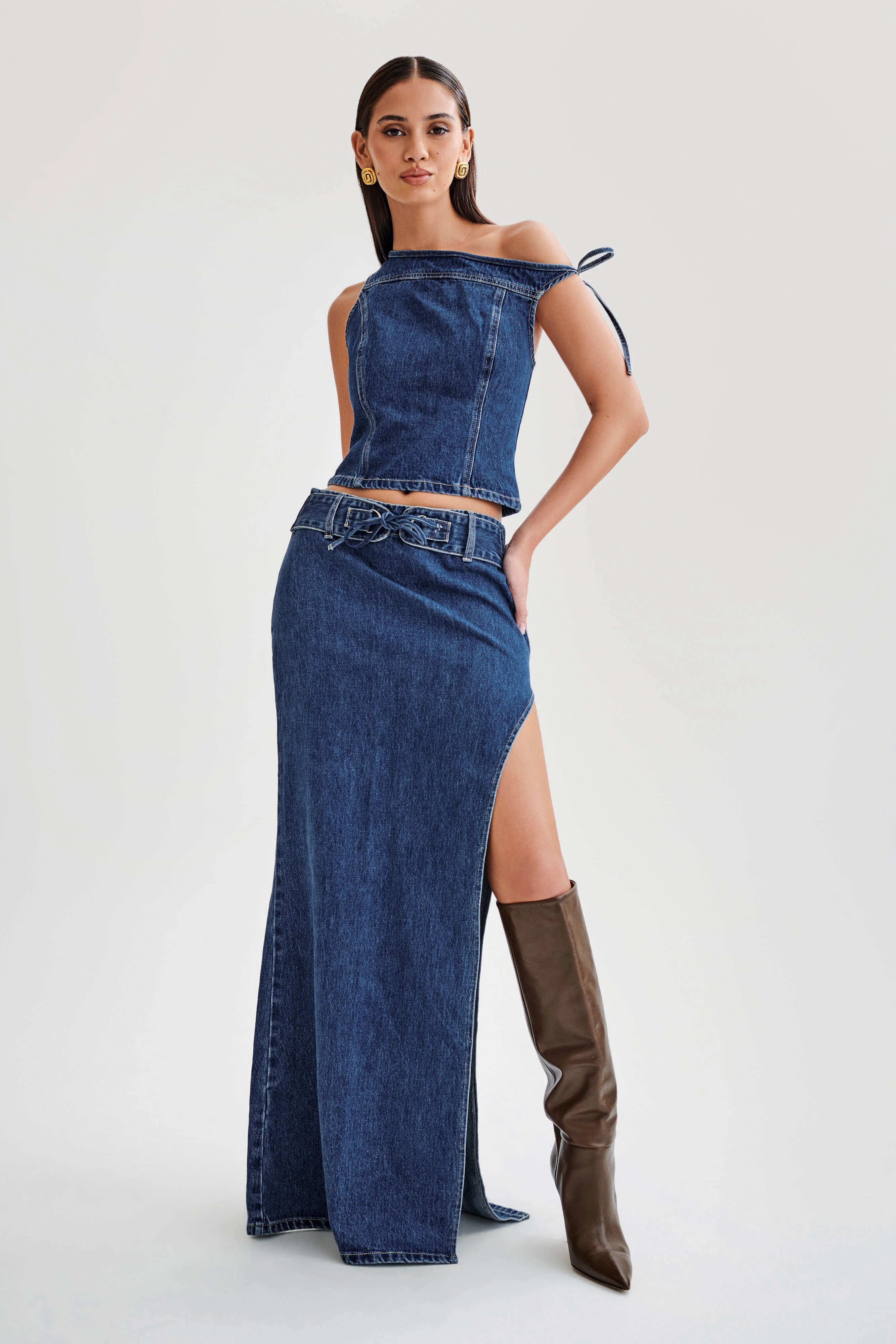 Ramsey Denim Maxi Skirt With Split - Dark Blue | MESHKI US
