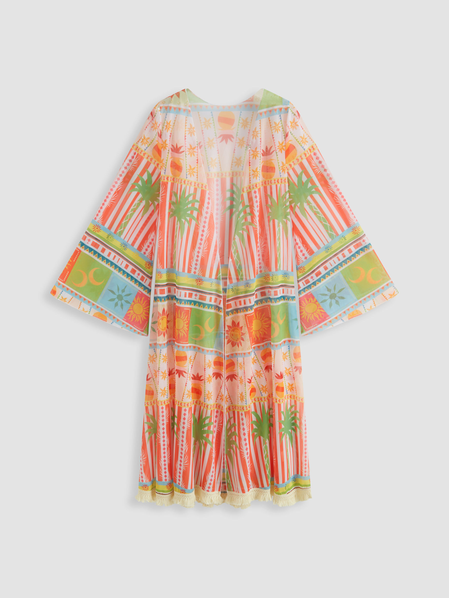Mesh Stripe Coconut Tree Sun & Moon Fringe Trim Cover Up Top For Vacation Swimming Pool | Cider