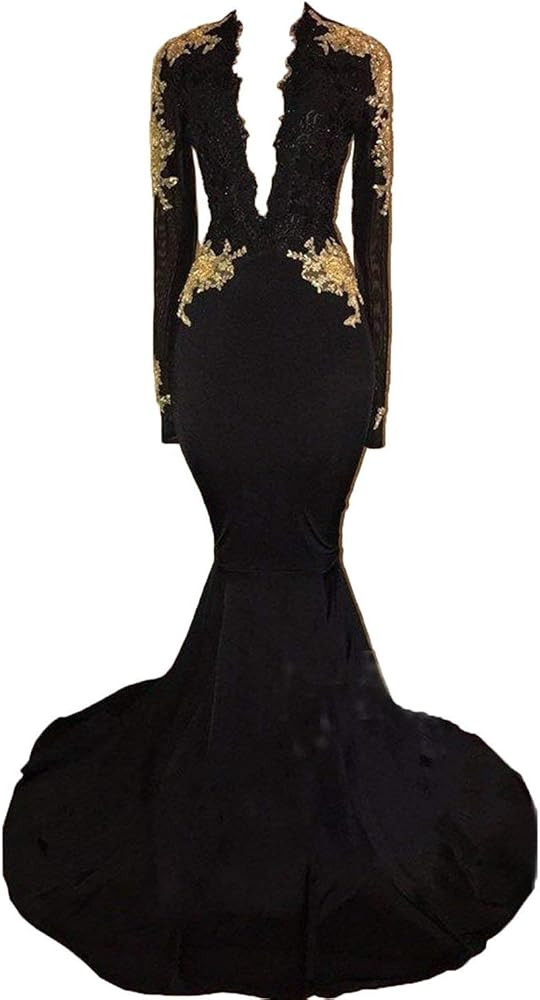 Graceprom Women's Black Long Sleeves Gold Mermaid Prom Evening Dress | Amazon (US)