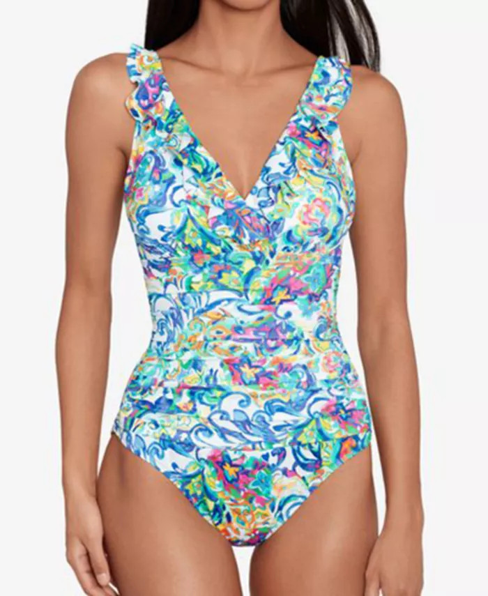 Women's Printed Ruffle Surplice Underwire One-Piece Swimsuit | Macys (US)